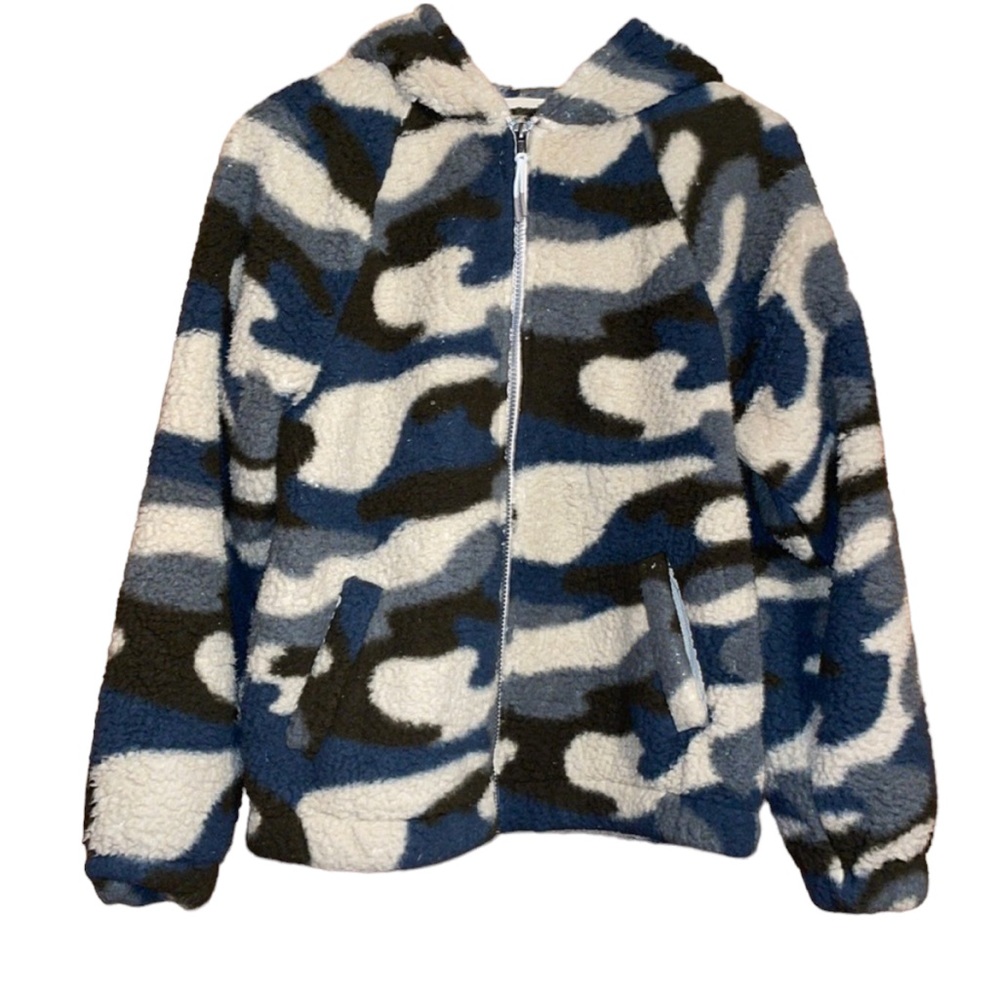 •SO•BLUE/GREEN/BROWN CAMO PRINTED SHERPA FULL ZIP FAUX FUR JACKET SIZE MEDIUM